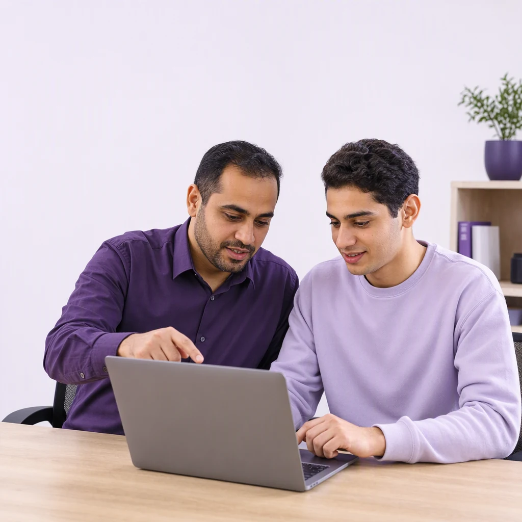 مهندس برمجيات يوجّه طالبًا أثناء مراجعة الكود على كمبيوتر محمول