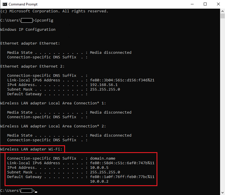 نتائج الأمر ipconfig