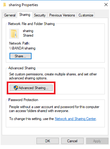 الضغط على زر Advanced Sharing