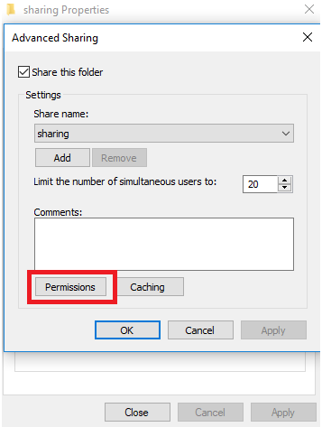 الضغط على زر permissions